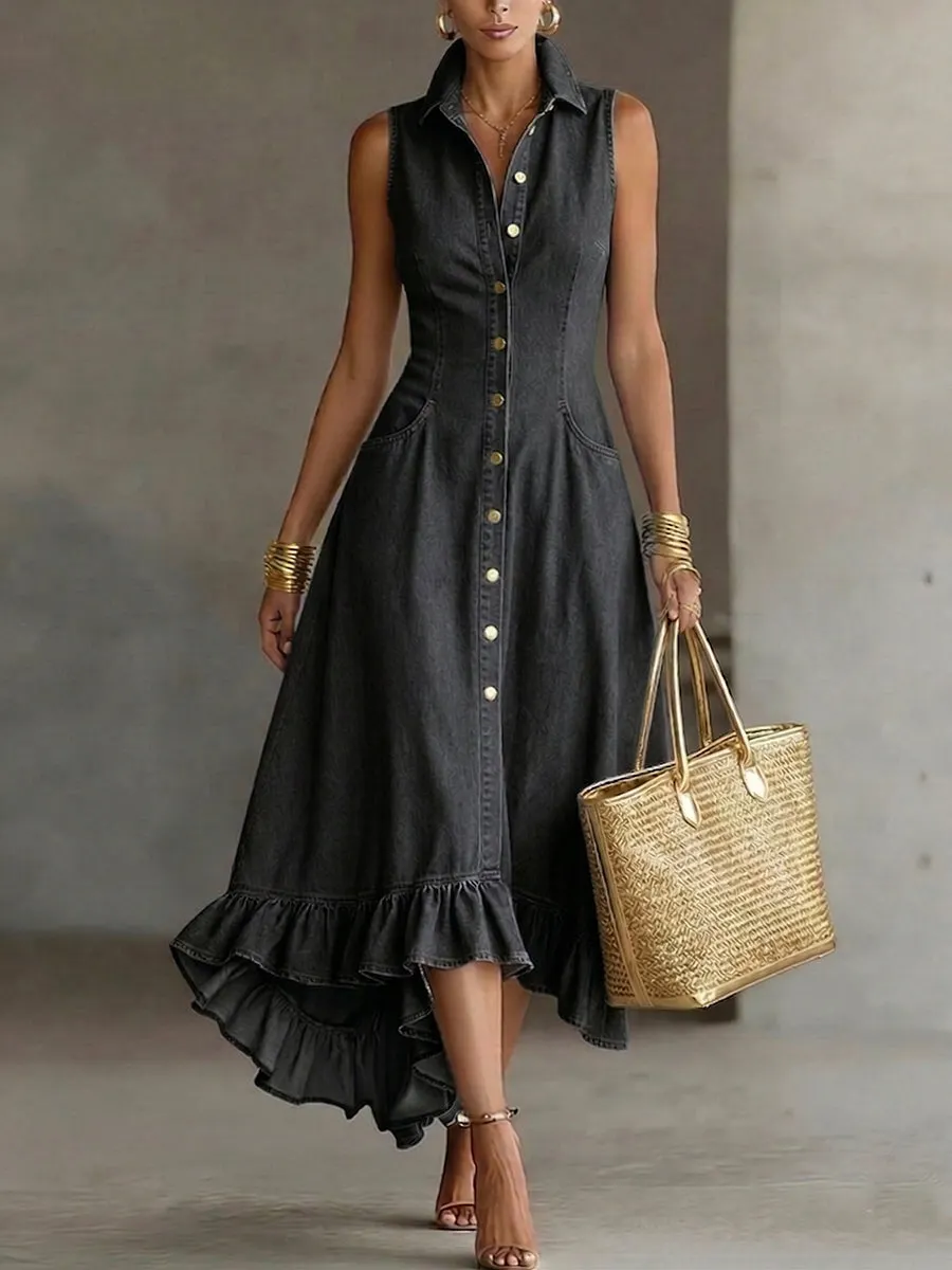 🔥 HOT SALE 49% Off 🔥 Elegant Lapel Button-front Denim Midi Dress