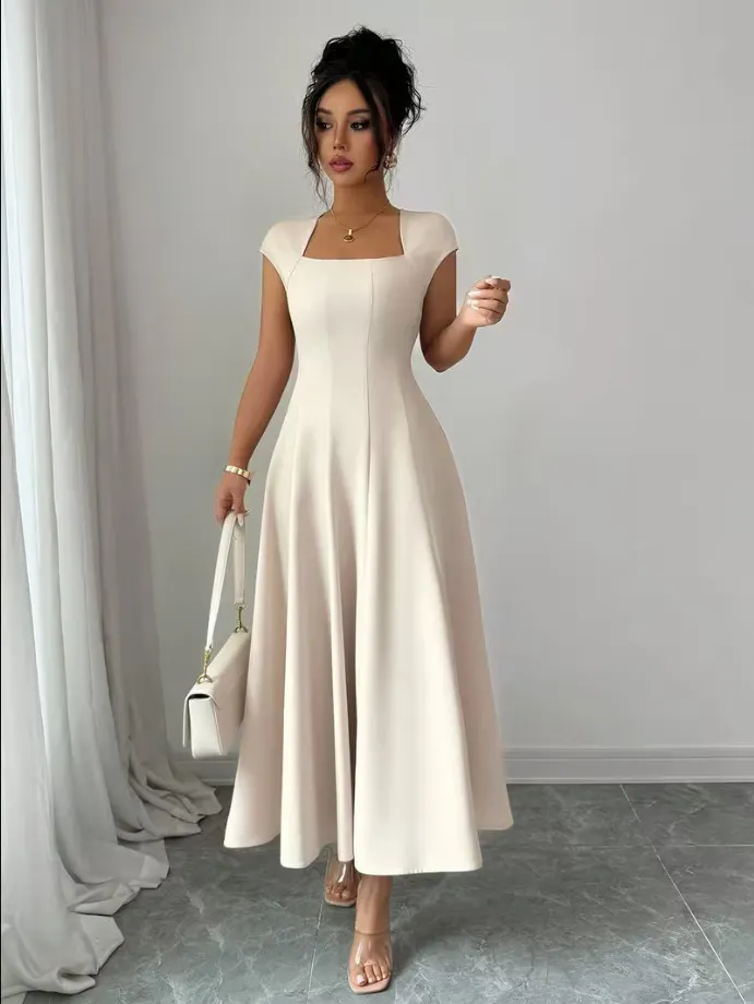QUEENWAY | 💃Women's Solid-Color Square-Neck A-Line Midi Dress