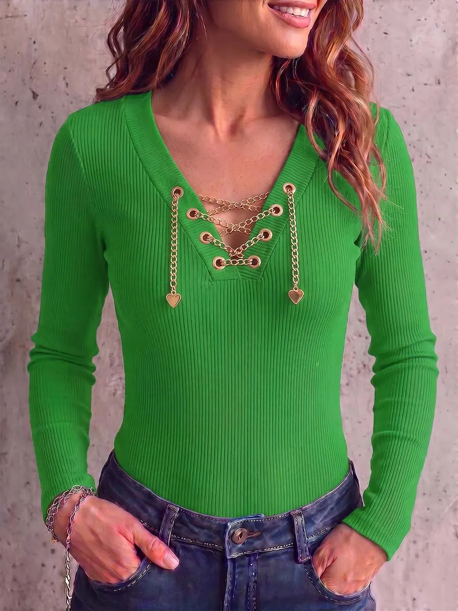 QUEENWAY | Women's Solid Color V-neck Long Sleeve Casual Loose Knitted Pullover
