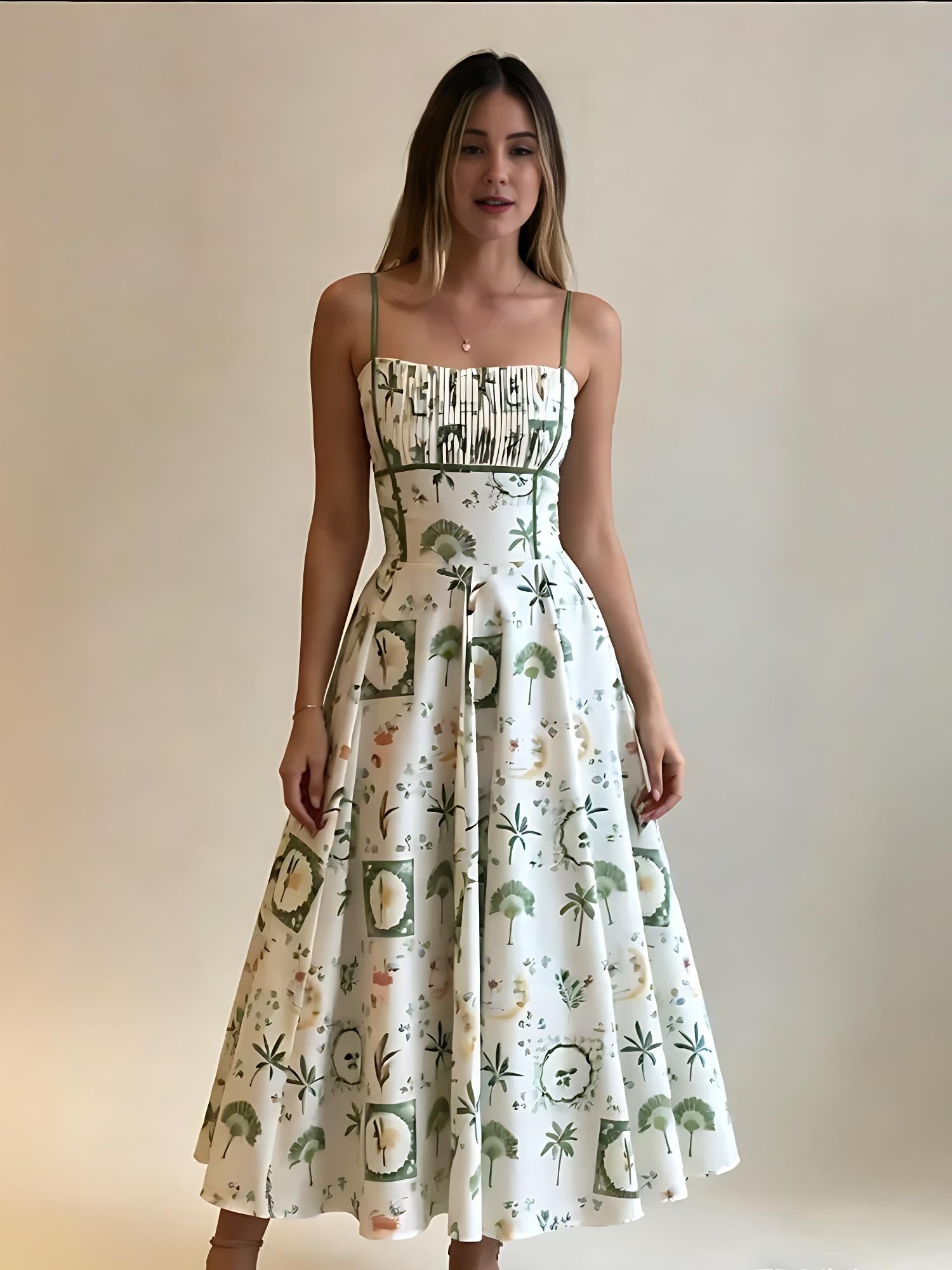 QUEENWAY | Green Botanical Print Smocked Midi Dress