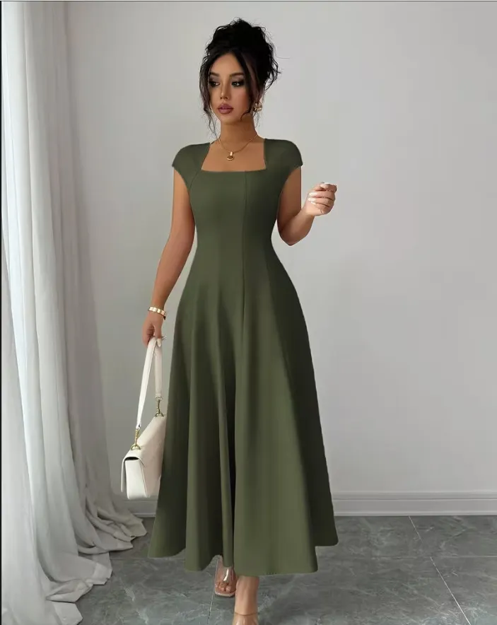 QUEENWAY | 💃Women's Solid-Color Square-Neck A-Line Midi Dress