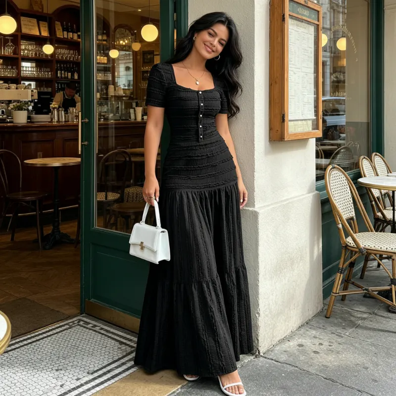 QUEENWAY | 👗 Women's Square Neck Dress Set – Crinkled Fabric, Tiered Skirt, Elegant 🍷