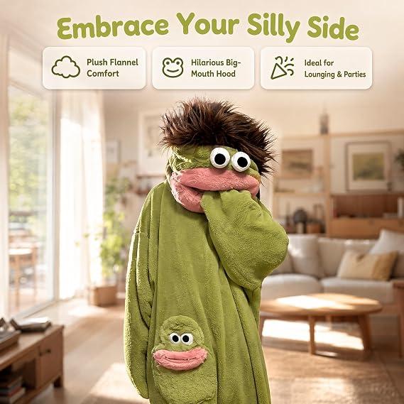 Funny Big Mouth Monster Hooded Onesie Pajamas with Large Comb - Oversized Plush Fleece Loungewear Nightwear for Sleeping, Parties