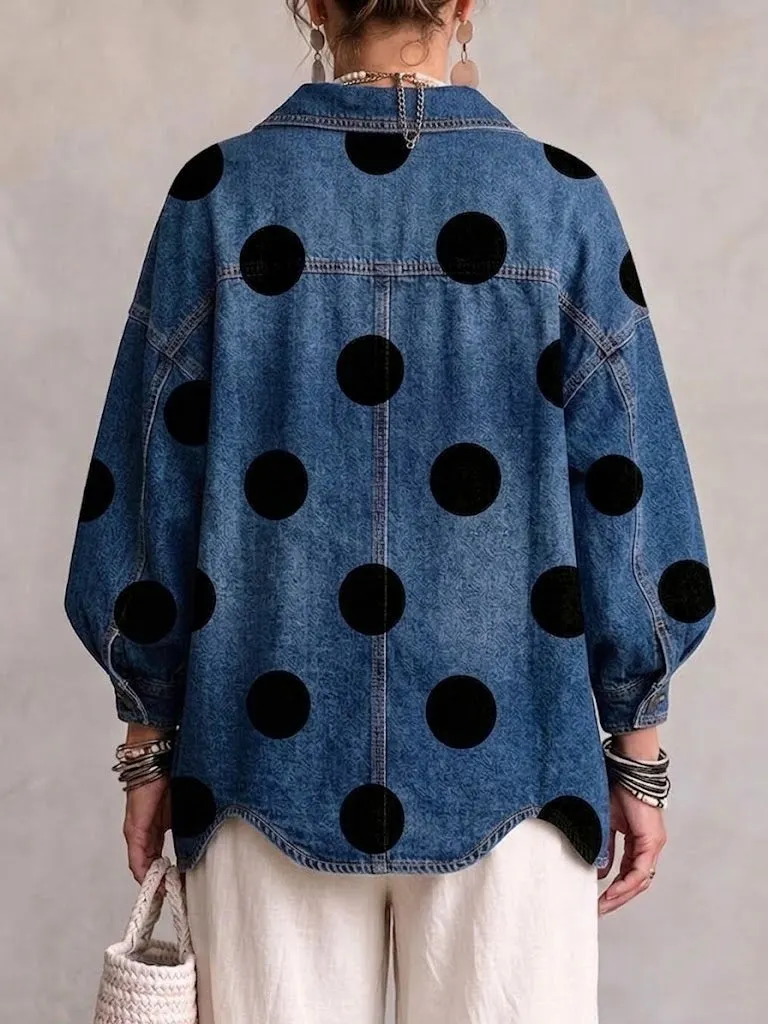 QUEENWAY | Oversized Polka-dot Denim Jacket With Lapel, Irregular Hem, And Large Metal Buttons