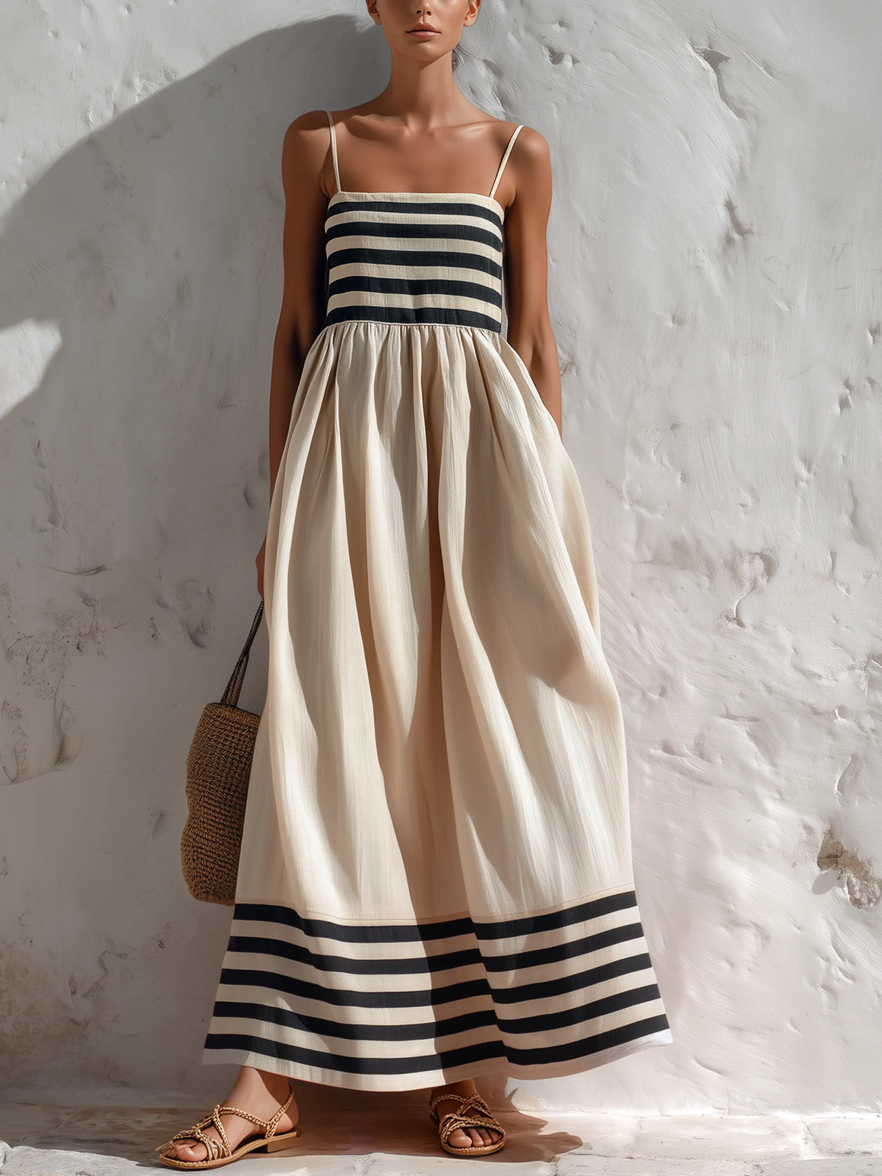 QUEENWAY | Black And Beige Stripe Spaghetti Strap Maxi Dress