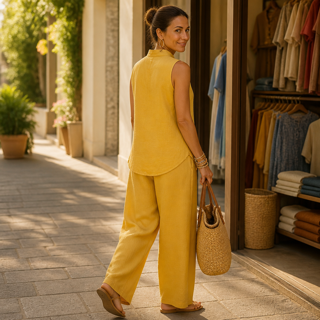 Stand-Collar Top And Wide-Leg Pants Set