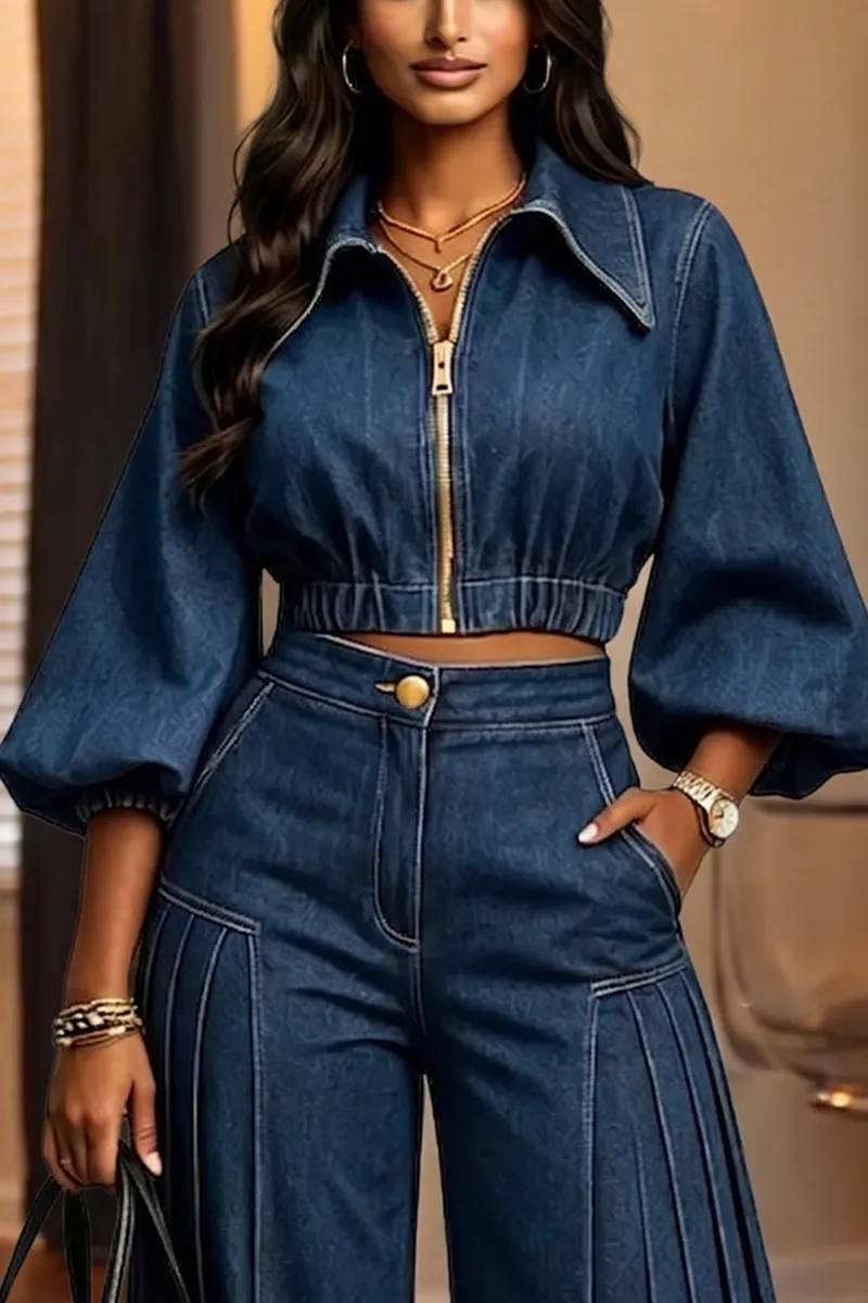QUEENWAY | 2026 Women's Fashion Puff Sleeve Short Denim Jacket + Wide Leg Jeans