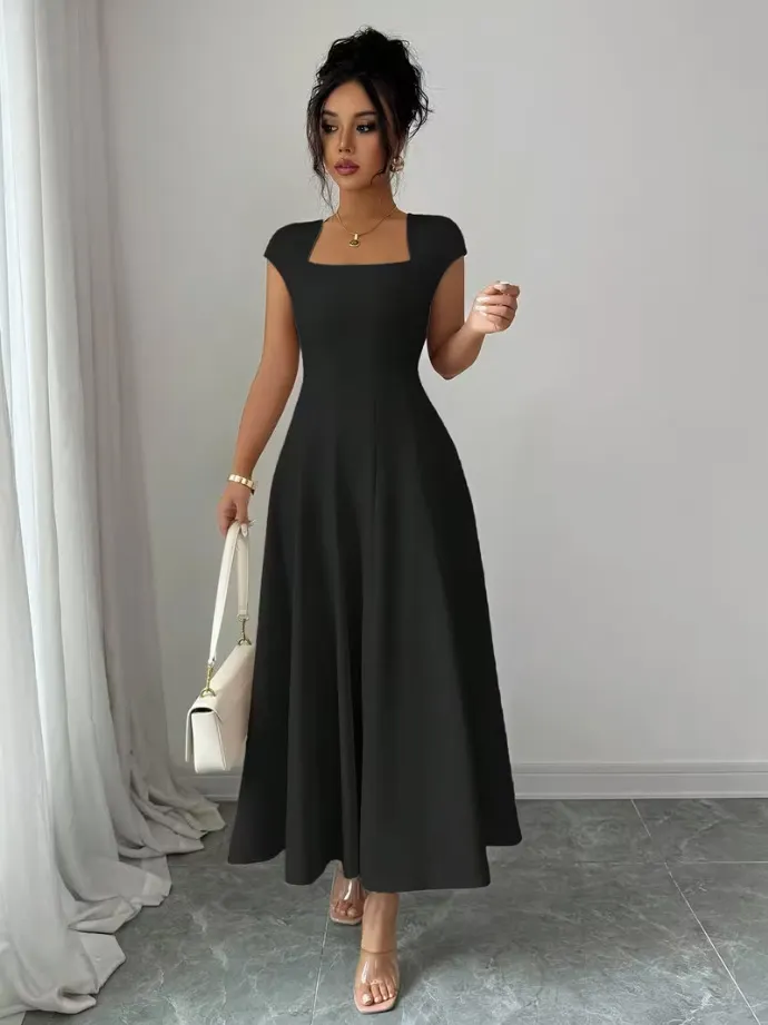 QUEENWAY | 💃Women's Solid-Color Square-Neck A-Line Midi Dress