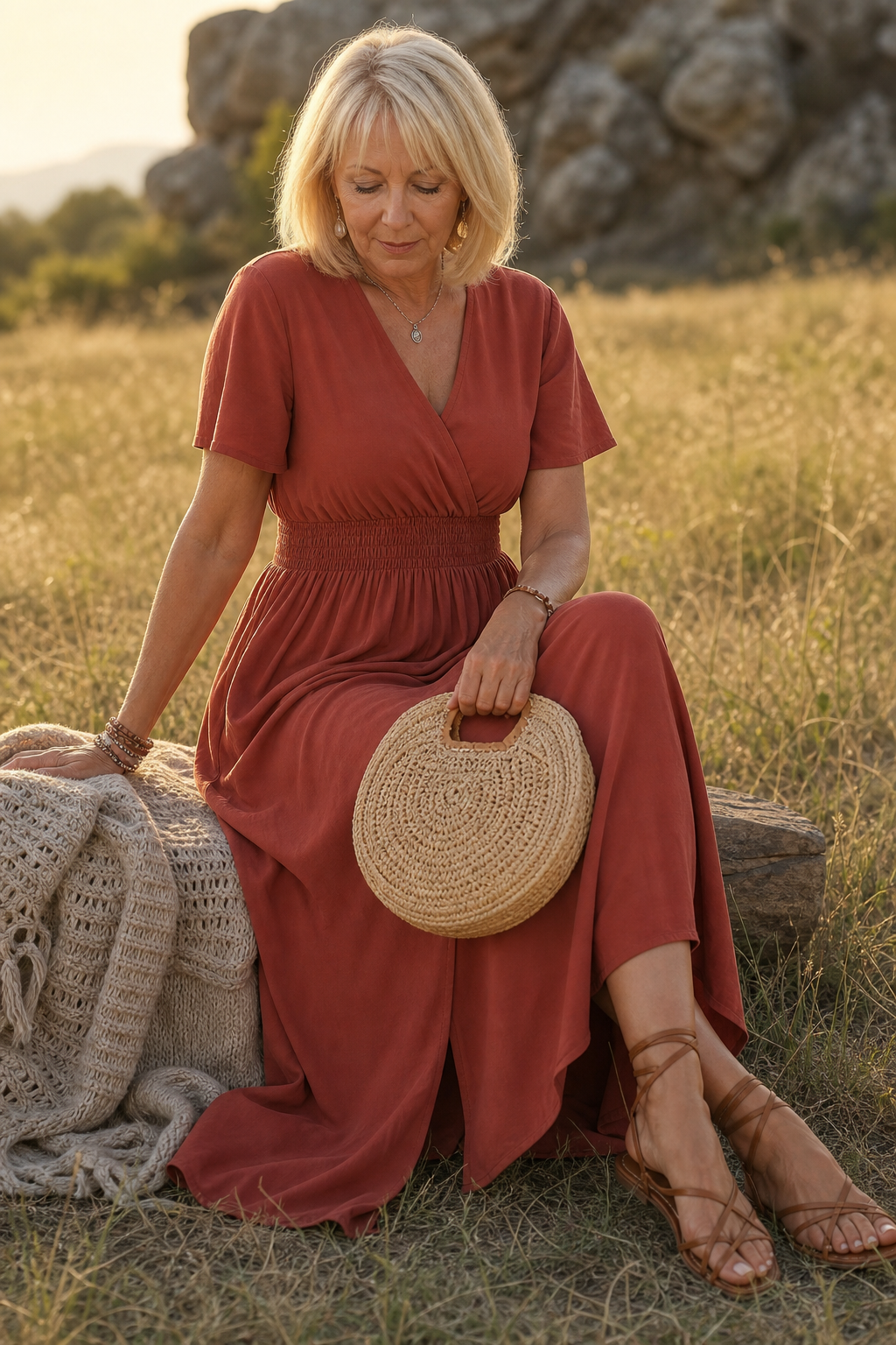 QUEENWAY | Button-Front V-Neck Side Slit Maxi Dress