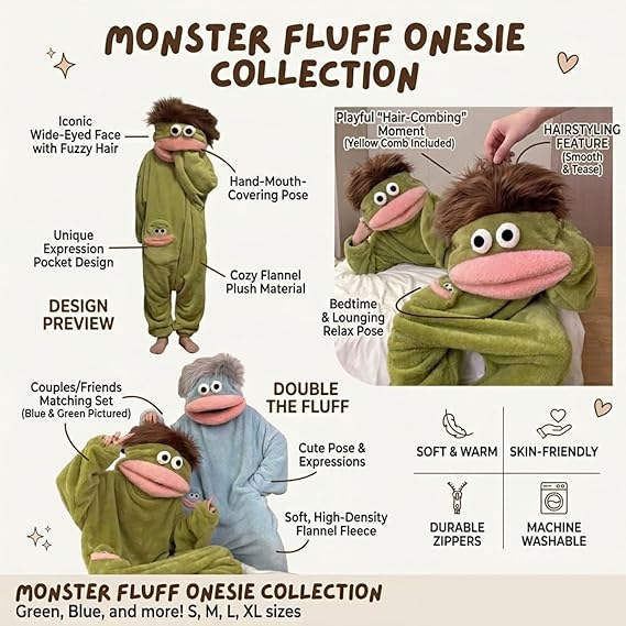 Funny Big Mouth Monster Hooded Onesie Pajamas with Large Comb - Oversized Plush Fleece Loungewear Nightwear for Sleeping, Parties