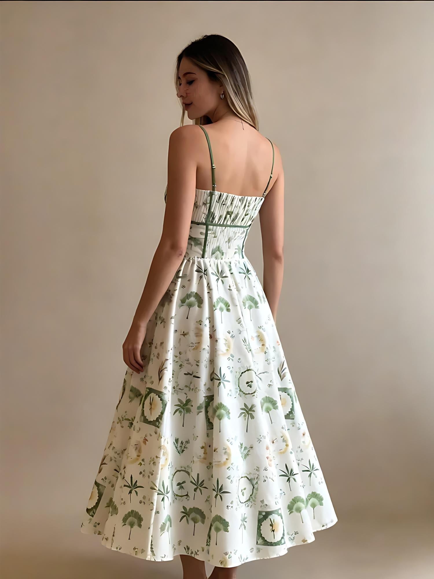 QUEENWAY | Green Botanical Print Smocked Midi Dress
