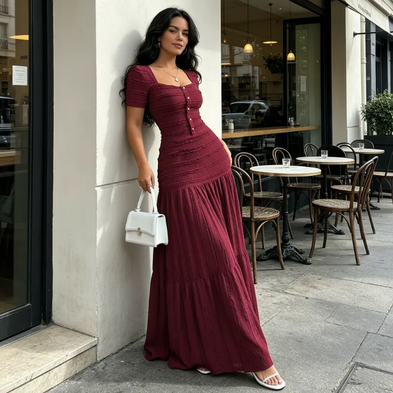 QUEENWAY | 👗 Women's Square Neck Dress Set – Crinkled Fabric, Tiered Skirt, Elegant 🍷