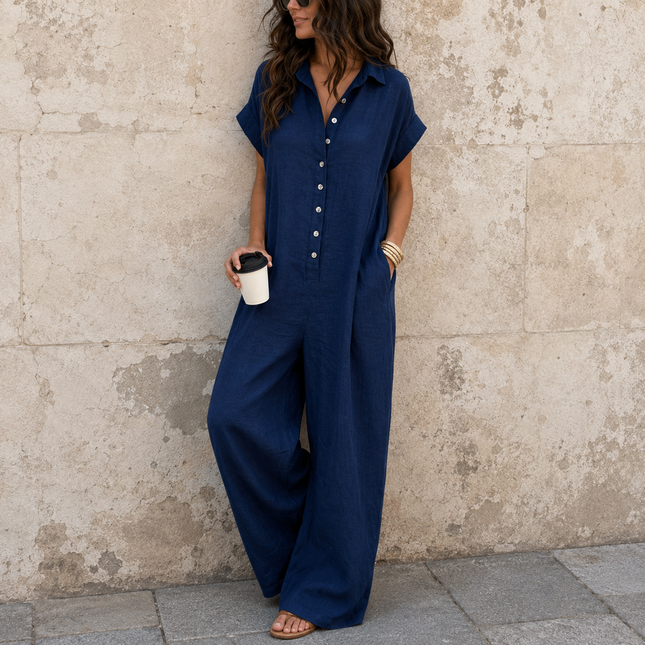 QUEENWAY | Wide-Leg Button-Front Shirt Collar Jumpsuit