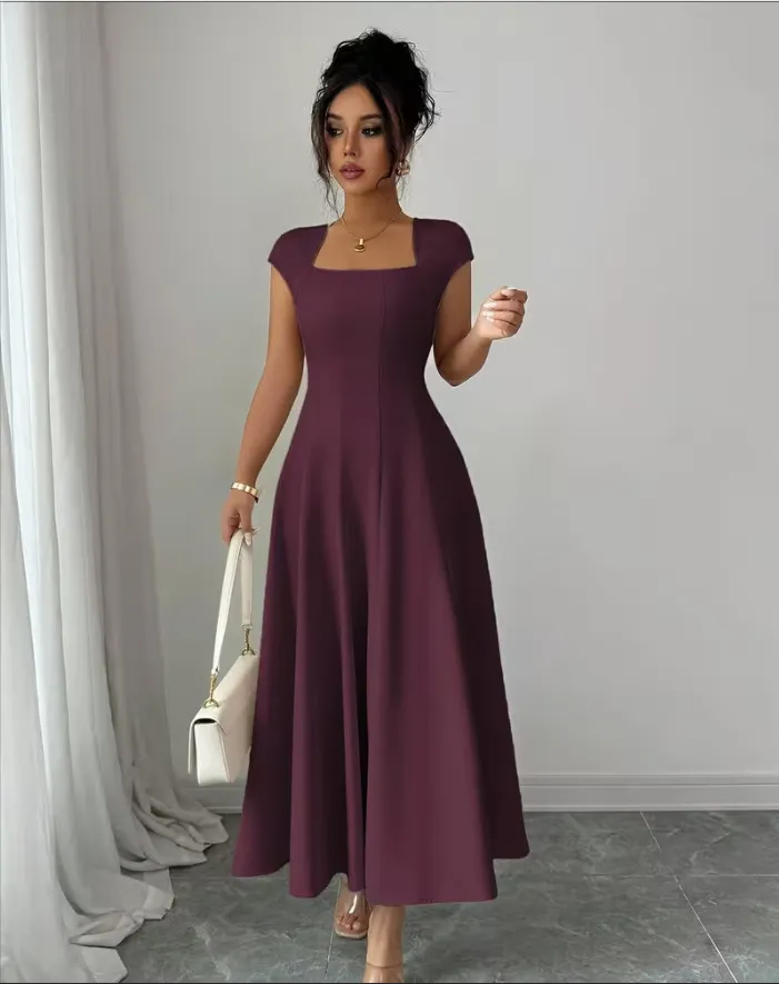 QUEENWAY | 💃Women's Solid-Color Square-Neck A-Line Midi Dress