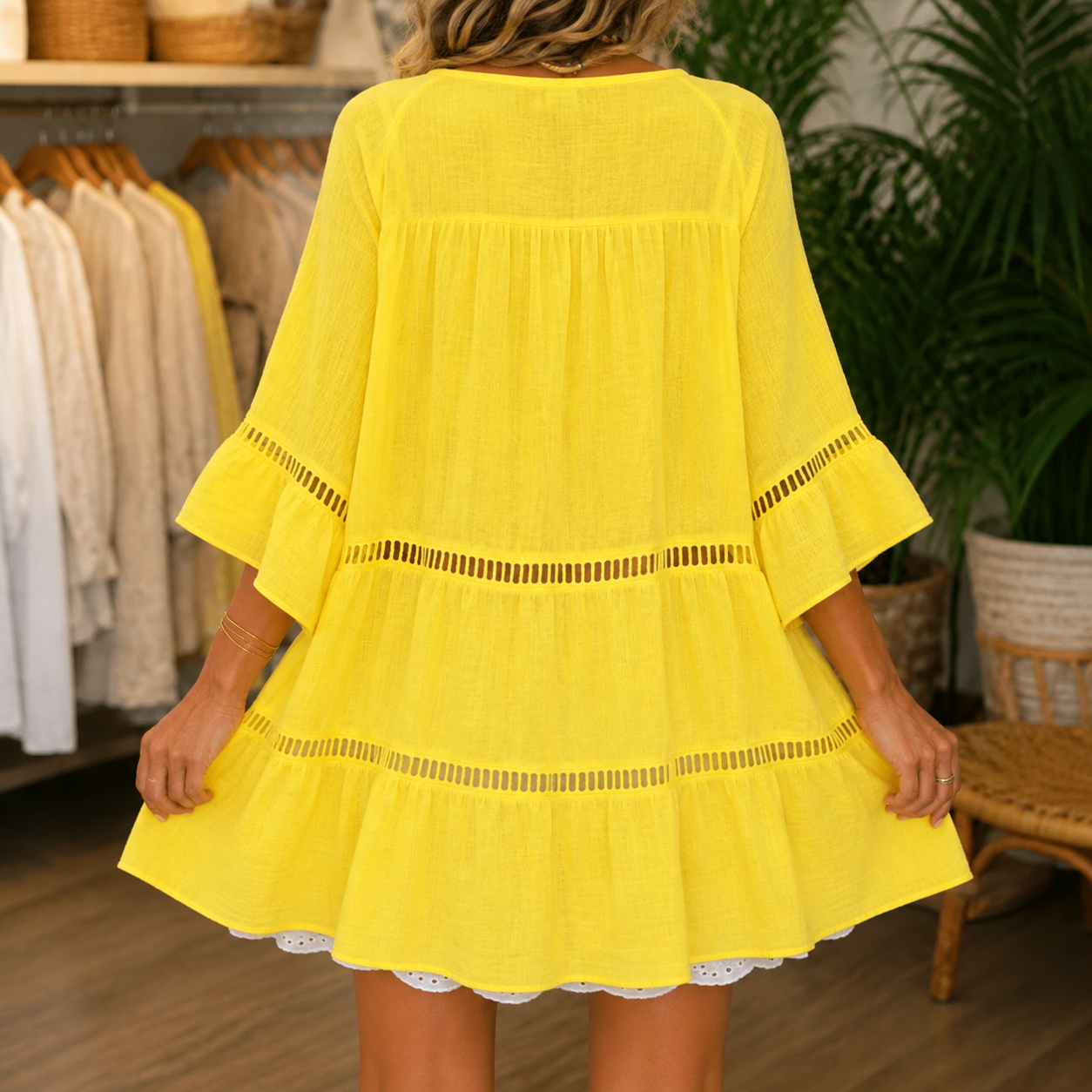 Crochet-Trim Button-Front Tunic Dress