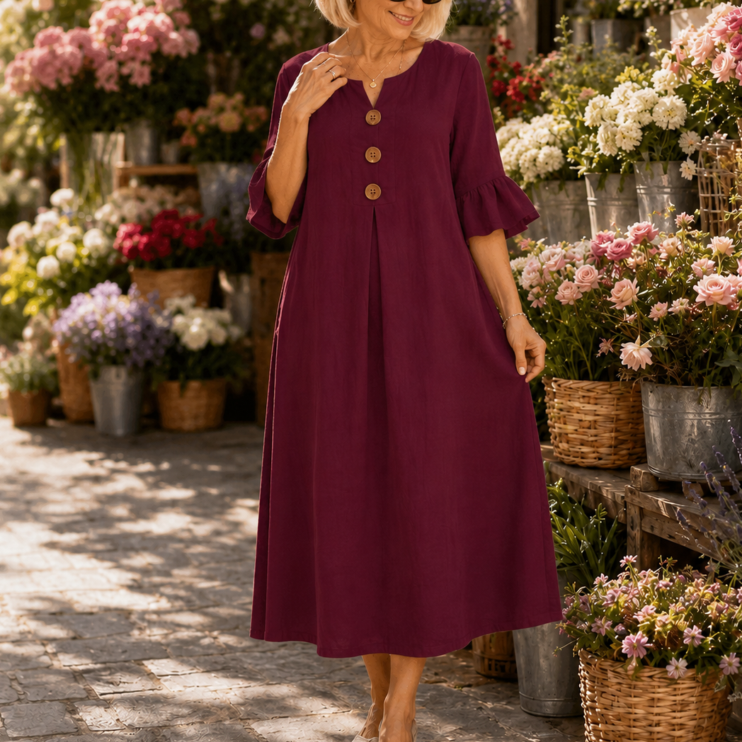 V-Neck Ruffle Sleeve Midi Dress