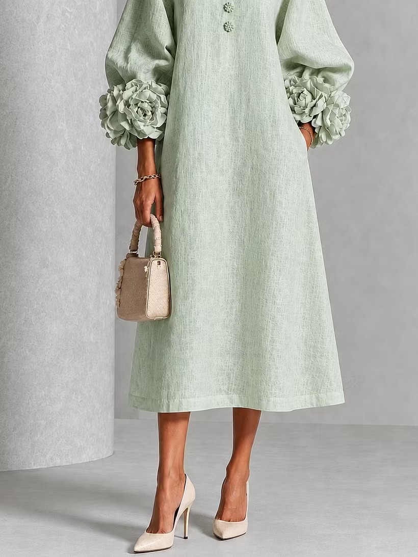 QUEENWAY | Sage Mist Floral Button-down Midi Dress With Striking Floral Cuffs