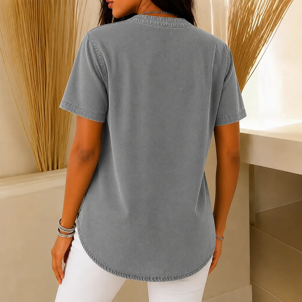 Women's Long Denim Shirt – V-Neck Short-Sleeve Pullover (2026)