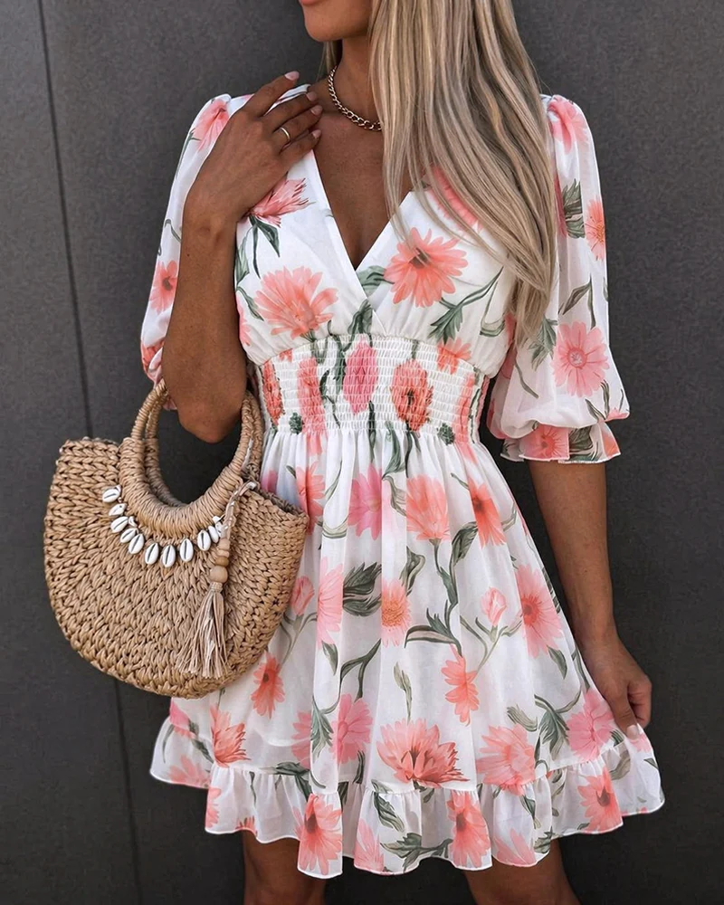 2026 Women's Oil Painting Floral Chiffon Dress V Neck Three Quarters Sleeve Shirred High Waist Ruffle Hem A Line Dress