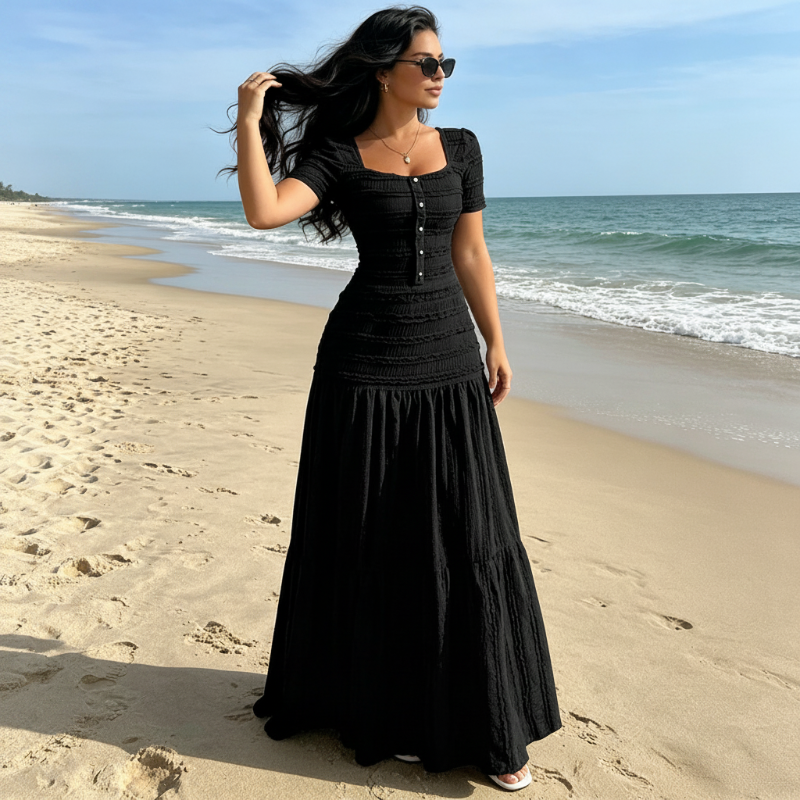 QUEENWAY | 👗 Women's Square Neck Dress Set – Crinkled Fabric, Tiered Skirt, Elegant 🍷