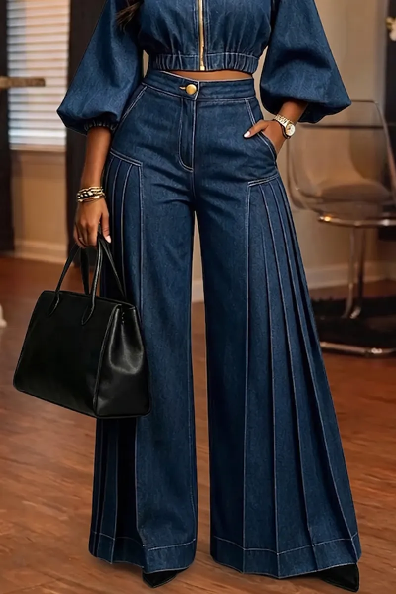 QUEENWAY | 2026 Women's Fashion Puff Sleeve Short Denim Jacket + Wide Leg Jeans