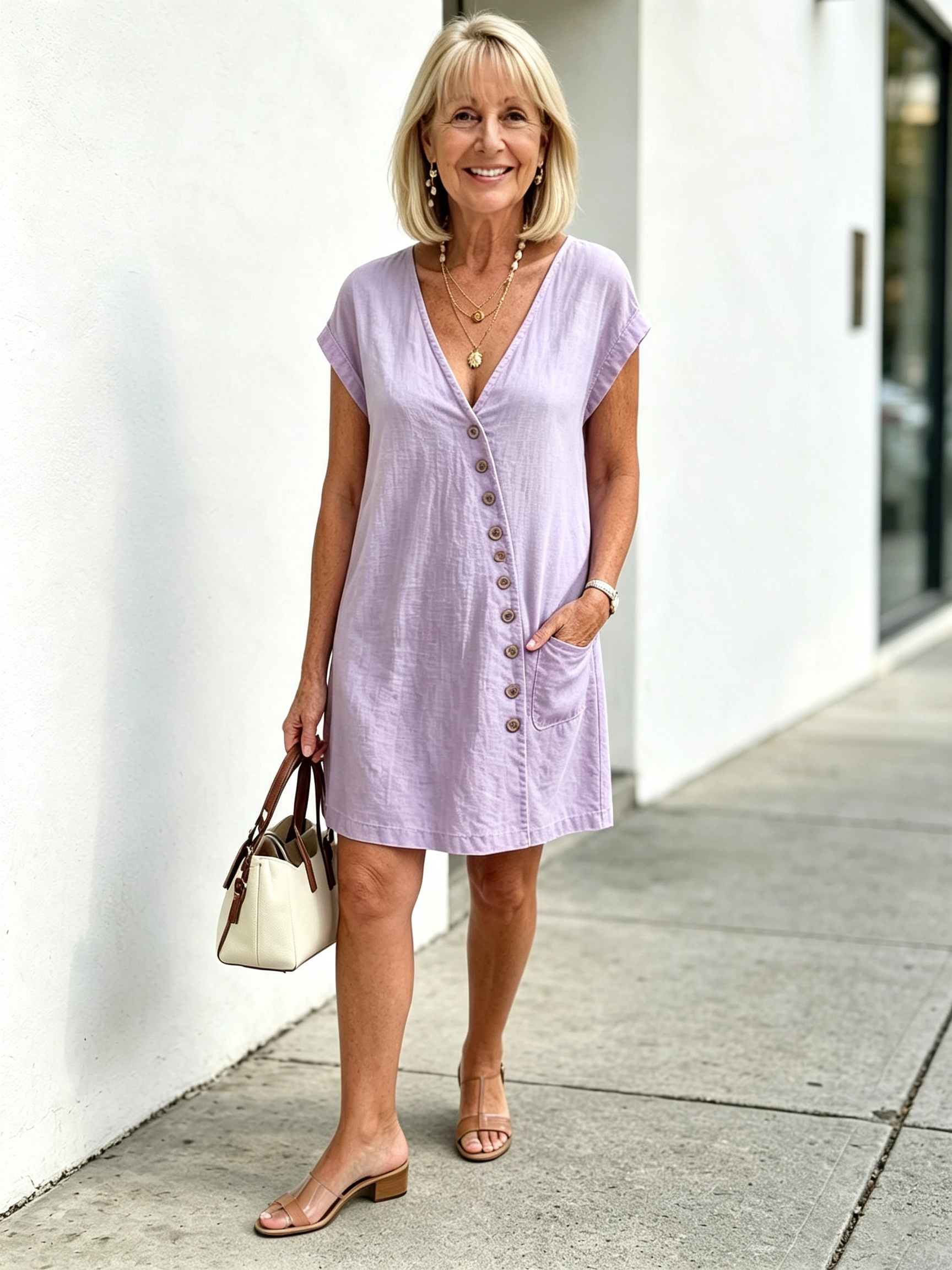 QUEENWAY | Women's V-Neck Diagonal Button Casual Resort Style Dress