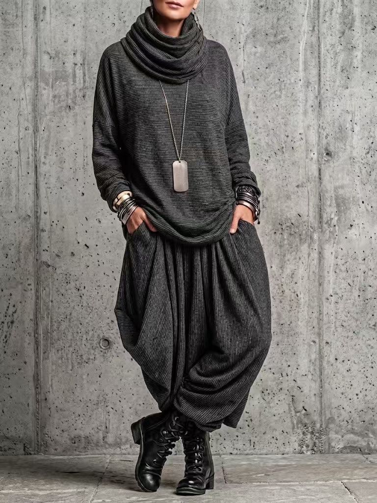 QUEENWAY | 2026 Autumn/Winter Turtleneck Striped Loose Pants Casual Suit
