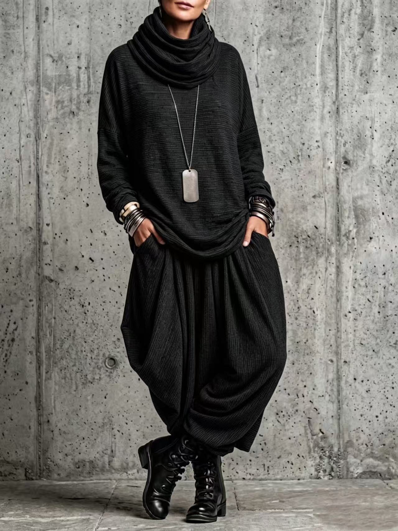 QUEENWAY | 2026 Autumn/Winter Turtleneck Striped Loose Pants Casual Suit