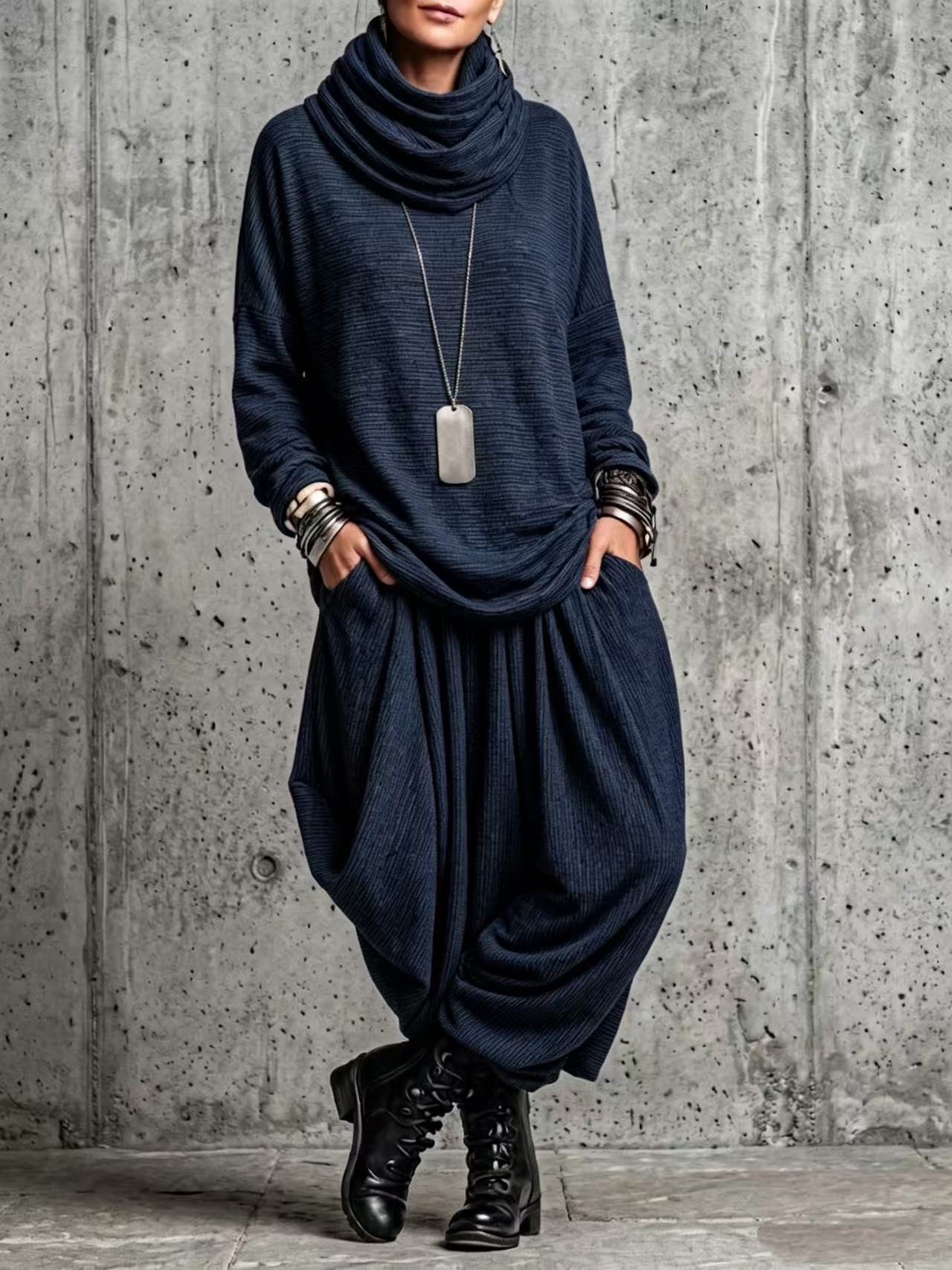 QUEENWAY | 2026 Autumn/Winter Turtleneck Striped Loose Pants Casual Suit