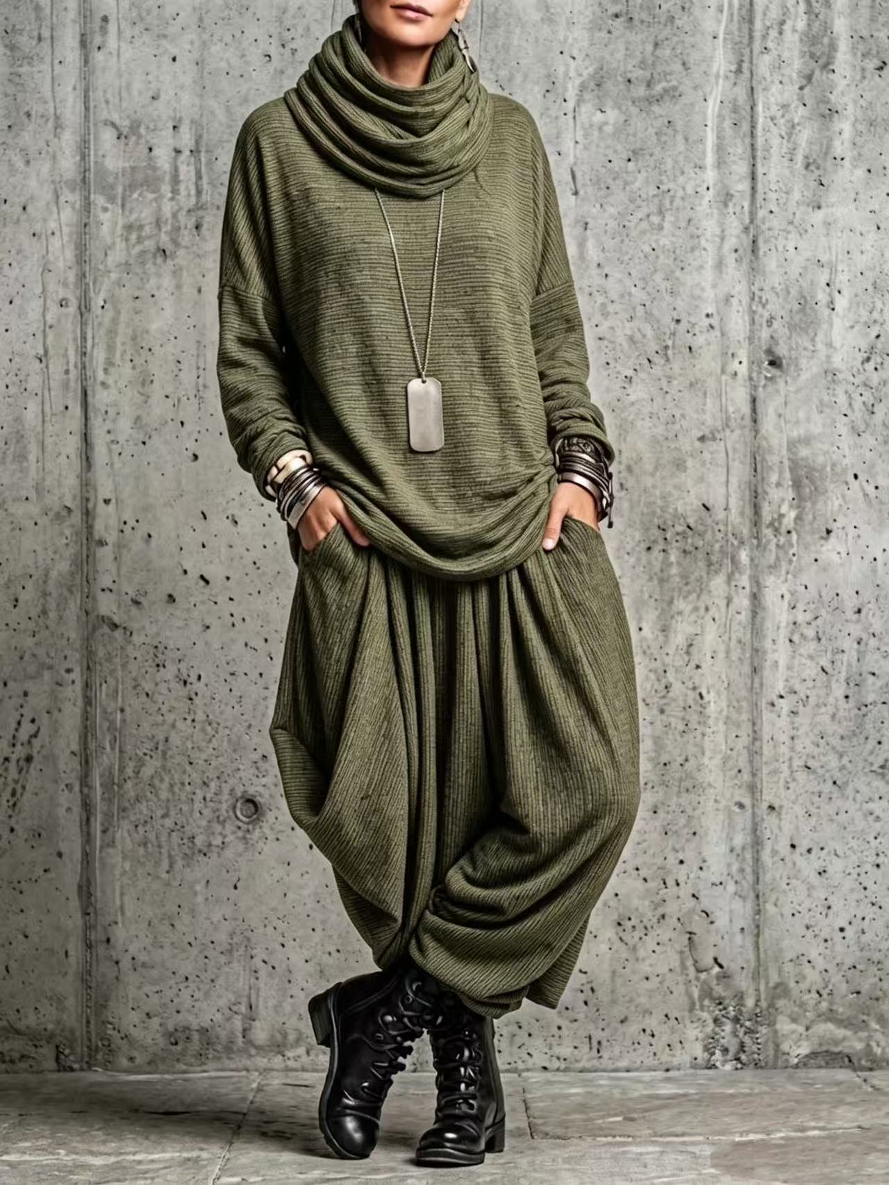 QUEENWAY | 2026 Autumn/Winter Turtleneck Striped Loose Pants Casual Suit