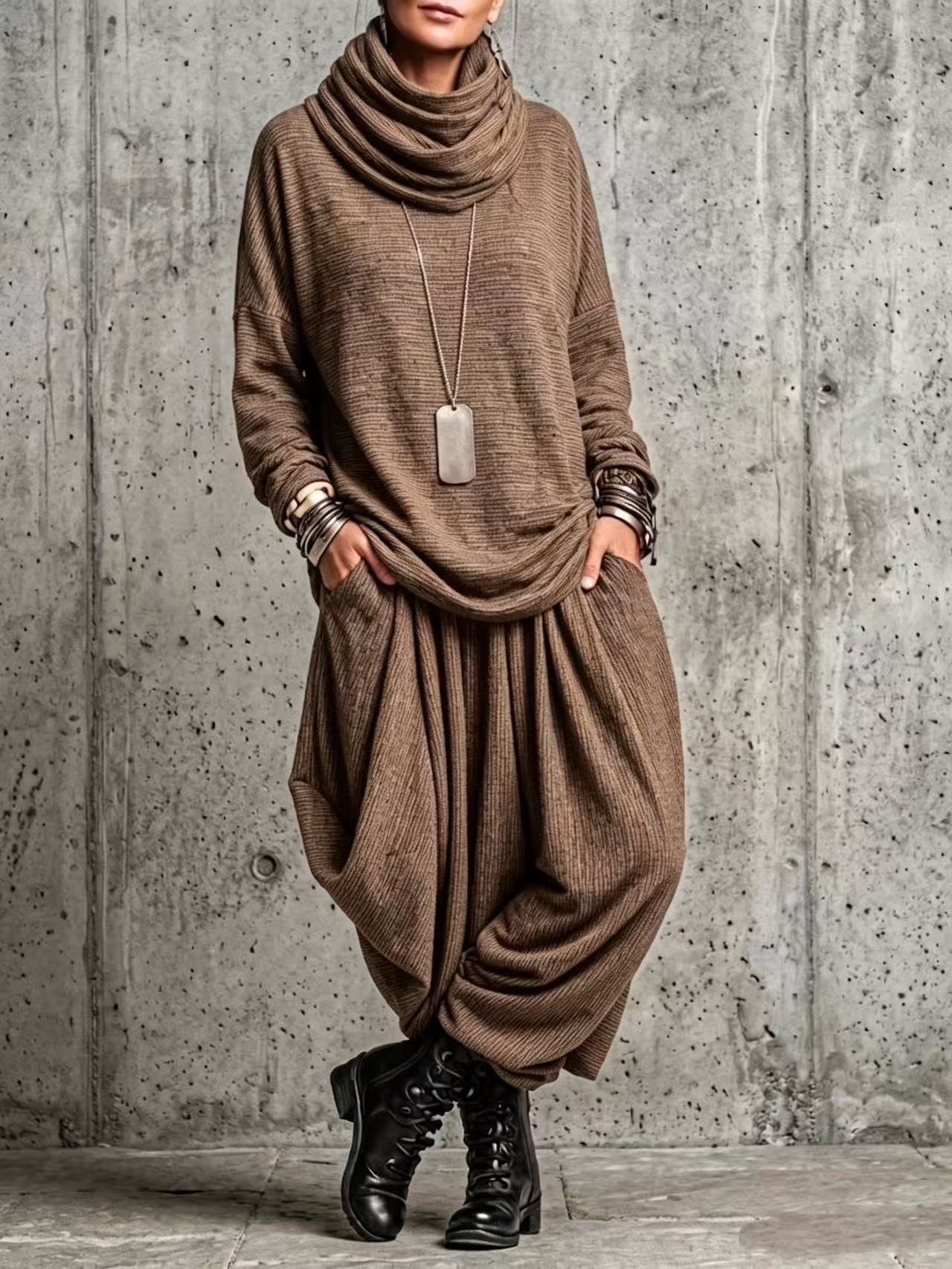 QUEENWAY | 2026 Autumn/Winter Turtleneck Striped Loose Pants Casual Suit