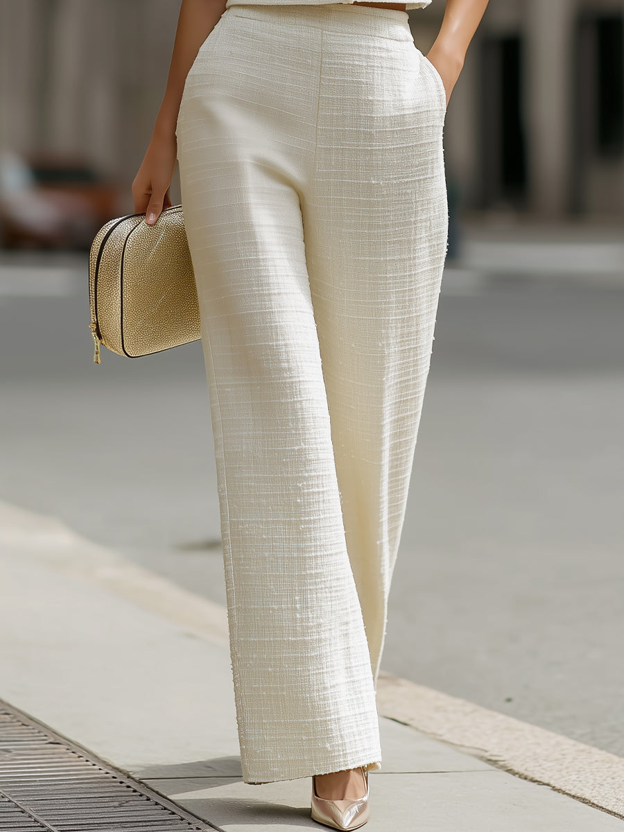 QUEENWAY | Tweed Cropped Short-Sleeve Jacket & High-Waisted Wide-Leg Pants Two-Piece Set