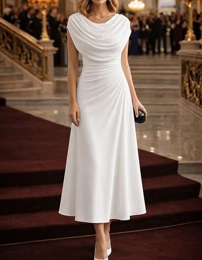 QUEENWAY | Cowl Neck Sleeveless Side Ruched Flowy Chiffon Midi Dress