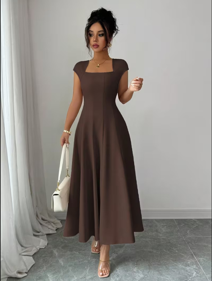 QUEENWAY | 💃Women's Solid-Color Square-Neck A-Line Midi Dress