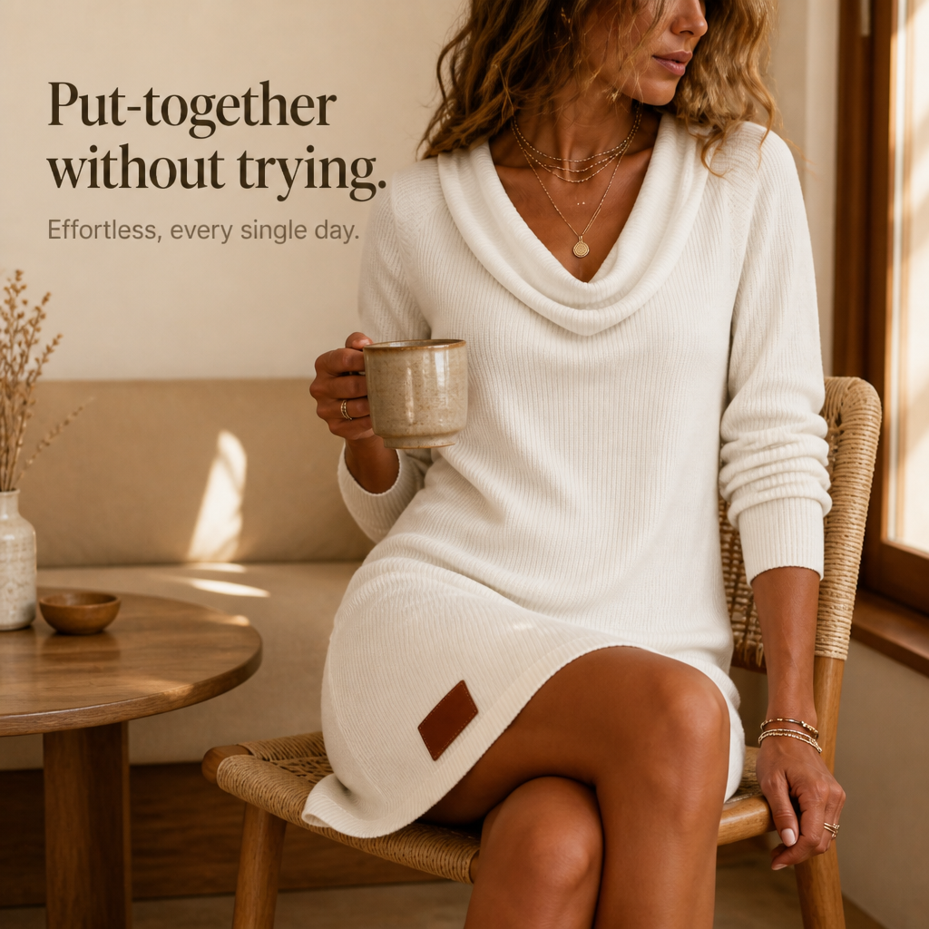 QUEENWAY | Cowl-Neck Ribbed Knit Sweater Dress