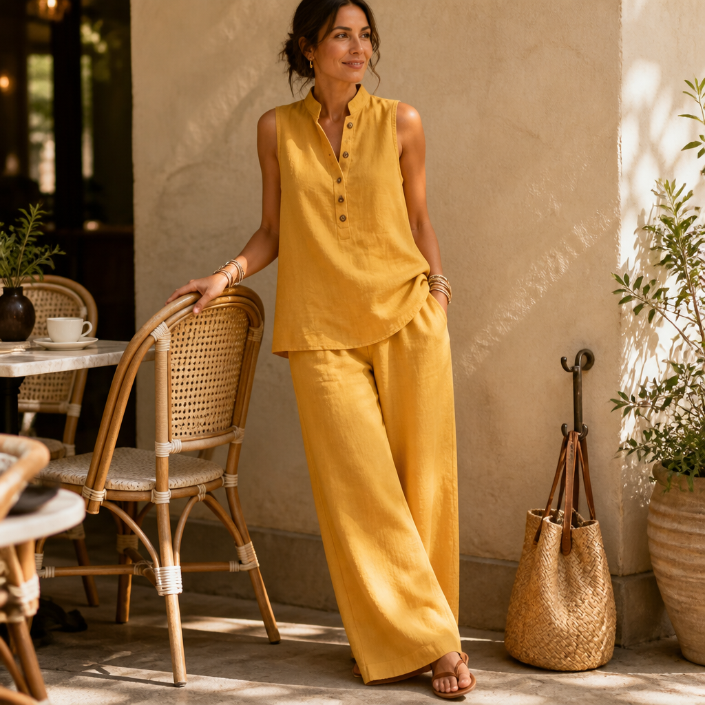 Stand-Collar Top And Wide-Leg Pants Set