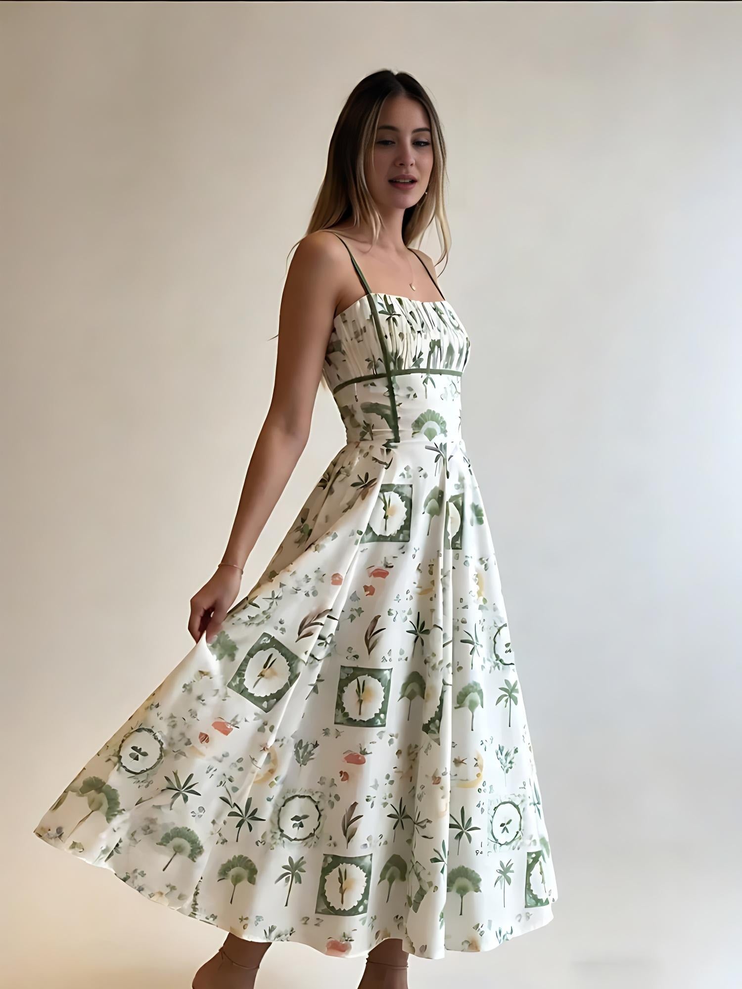 QUEENWAY | Green Botanical Print Smocked Midi Dress