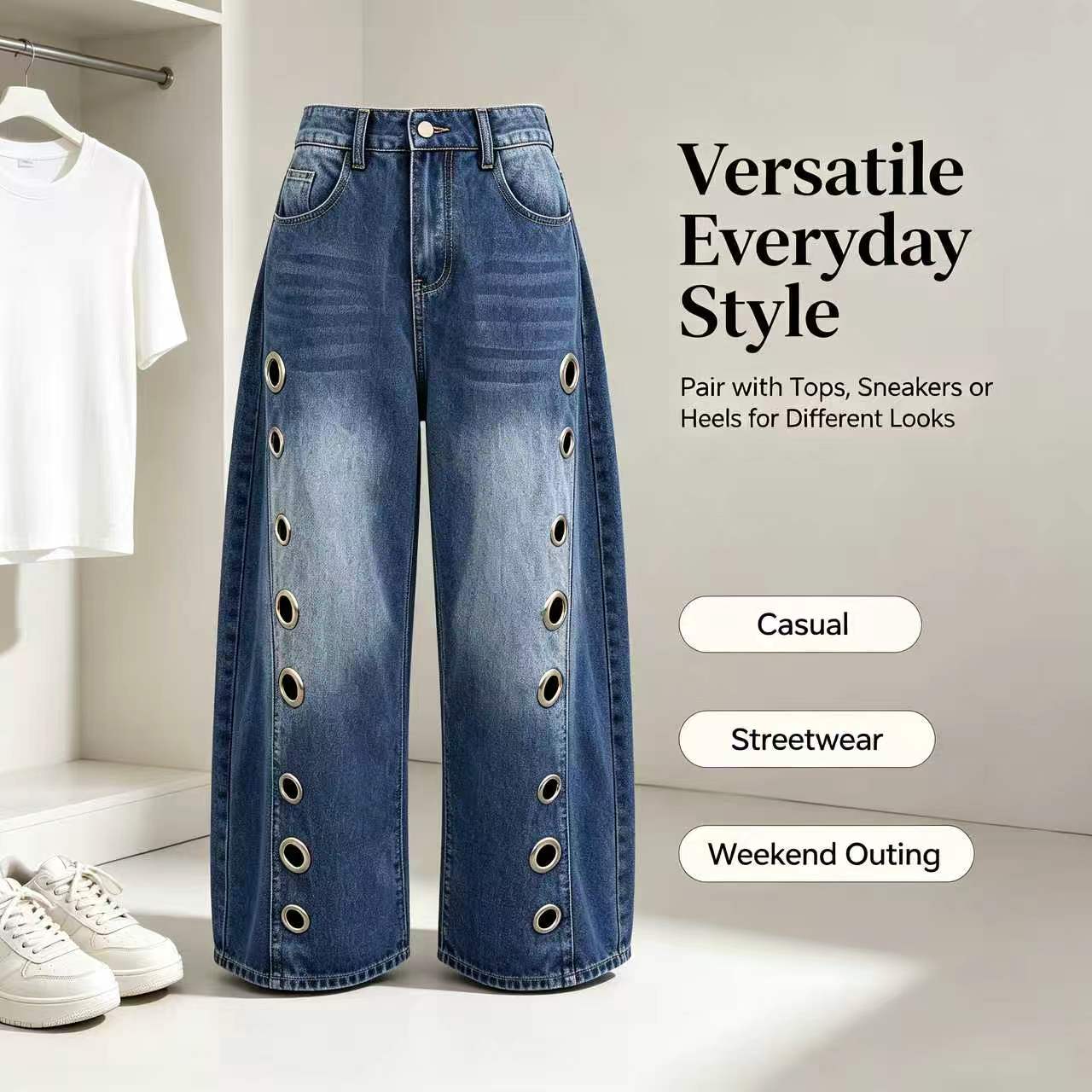 UOOZEE Women's 2026 New High-Waist Buttoned Geometric Hollow Pocket Loose Cotton Denim Trousers - Spring-Summer Casual Wear Everyday Bottoms with Eyelet Cutouts- Pair with Top, Tank Top,back to school shopping
