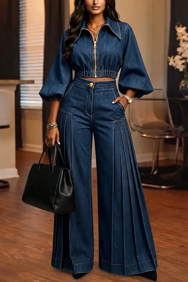 QUEENWAY | 2026 Women's Fashion Puff Sleeve Short Denim Jacket + Wide Leg Jeans