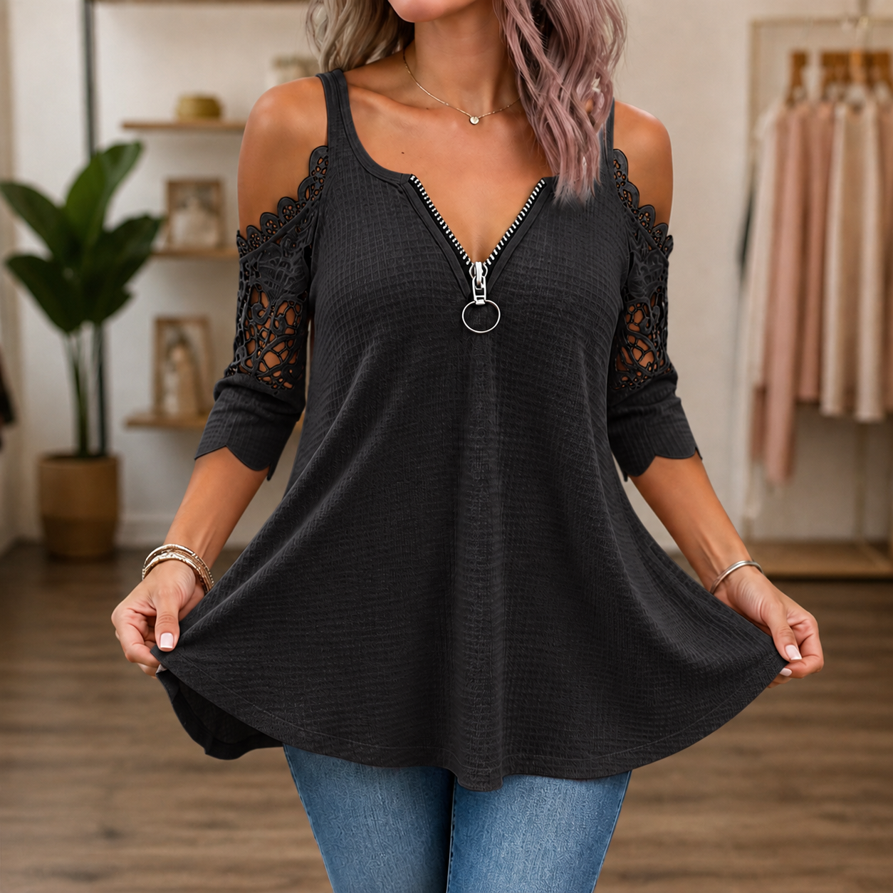 Cold-Shoulder Lace-look Sleeve Zip