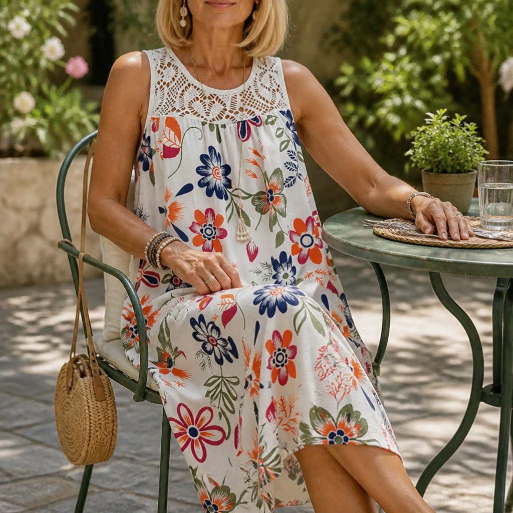 Floral Lace-Yoke Sleeveless Shift Dress