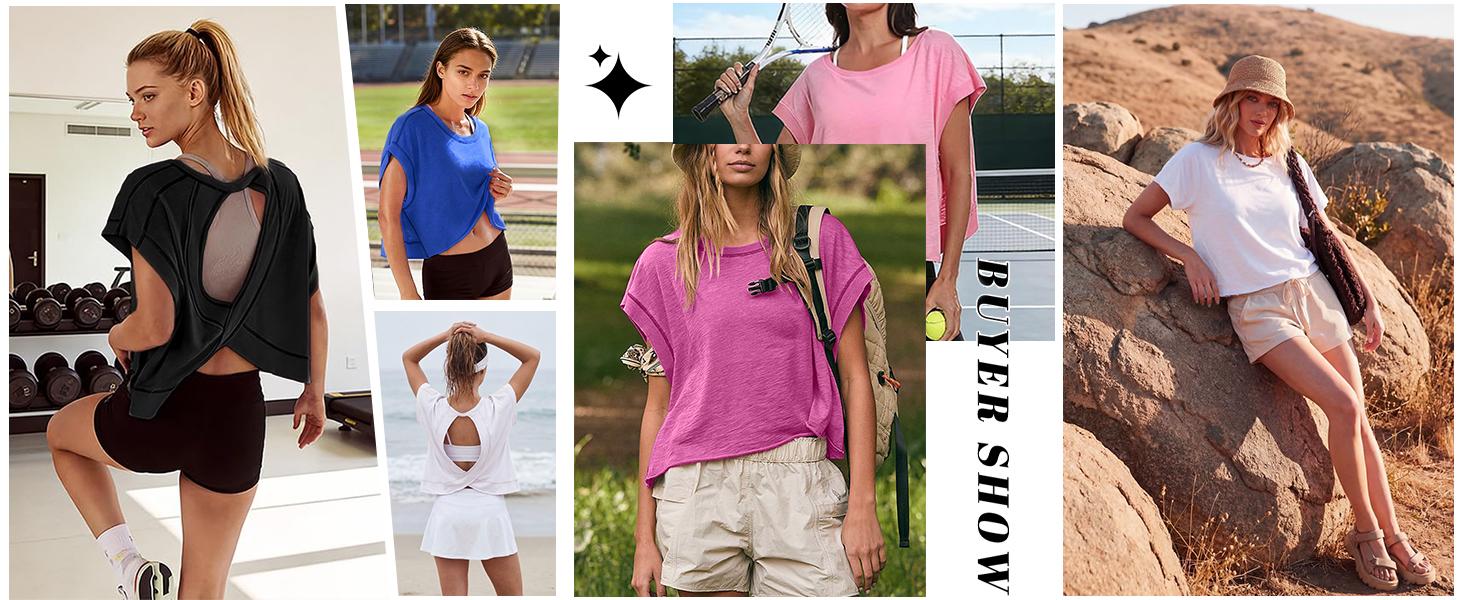 Woodberry Women's Fashion Apparel, Oversized Open Back Short Sleeve Shirt in Stretch Polyester for Casual Yoga,back to school,back to school shopping, Workout