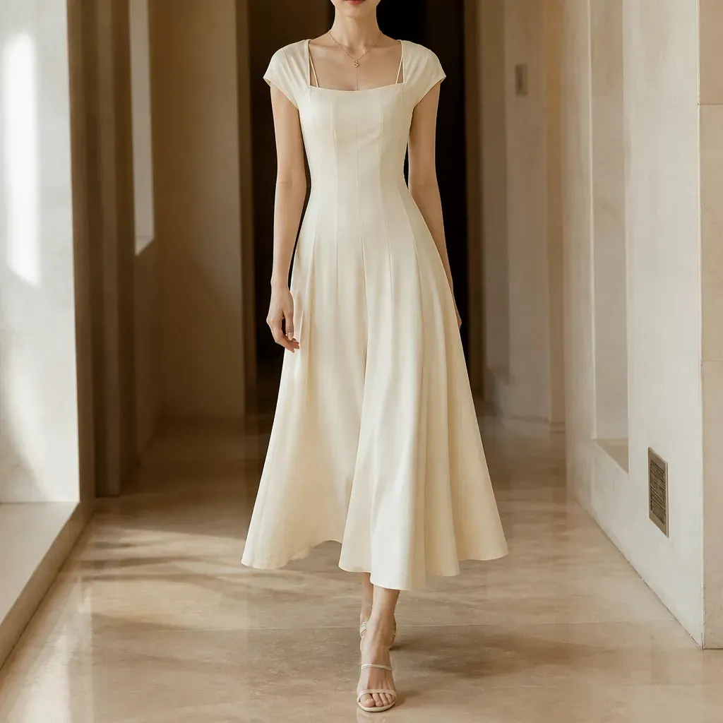 QUEENWAY | 💃Women's Solid-Color Square-Neck A-Line Midi Dress
