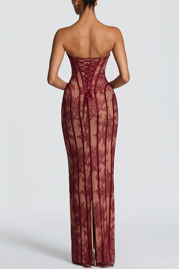 Floral Lace Contrast Structural Detail Back Lace-up Strapless Slit Maxi Dress