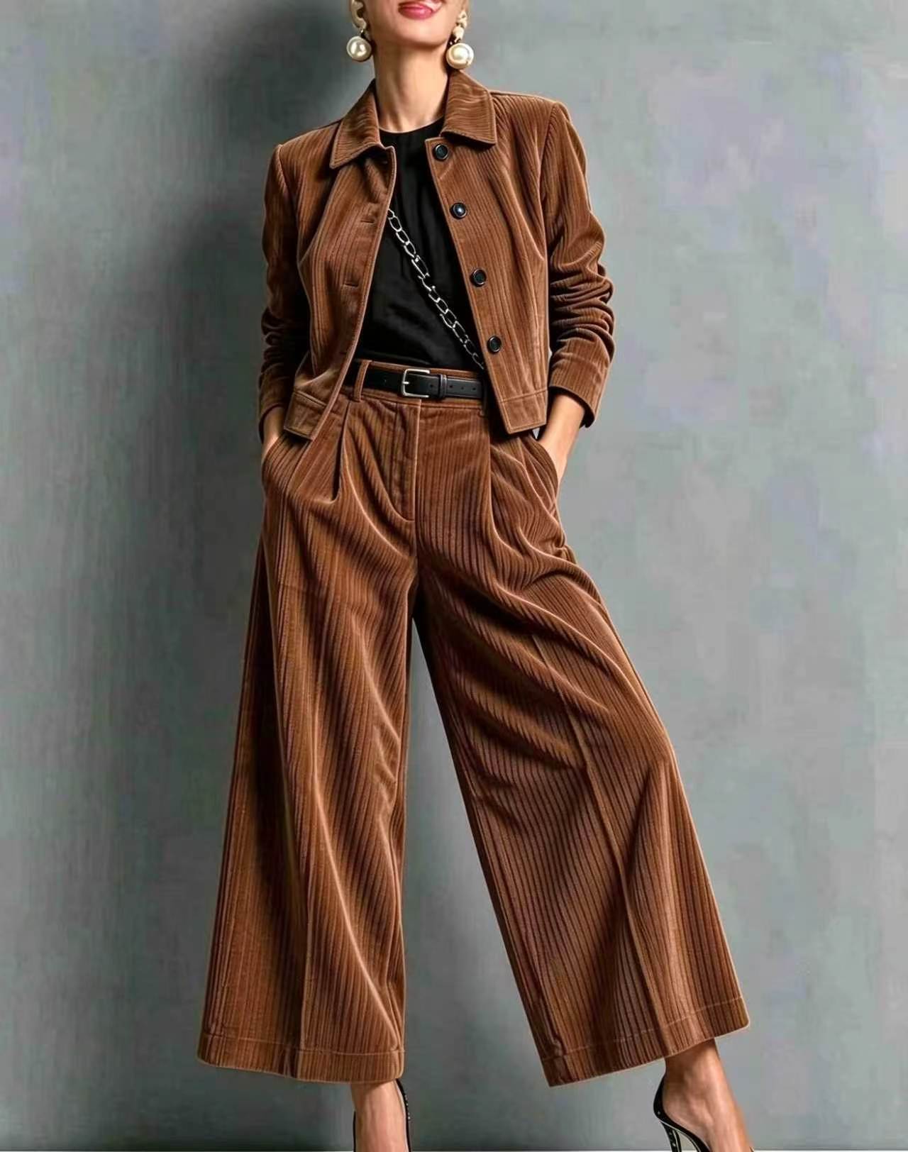 QUEENWAY | 2026 New Style Collared Slim-Fit Long-Sleeved Short Jacket + High-Waisted Wide-Leg Pants Set