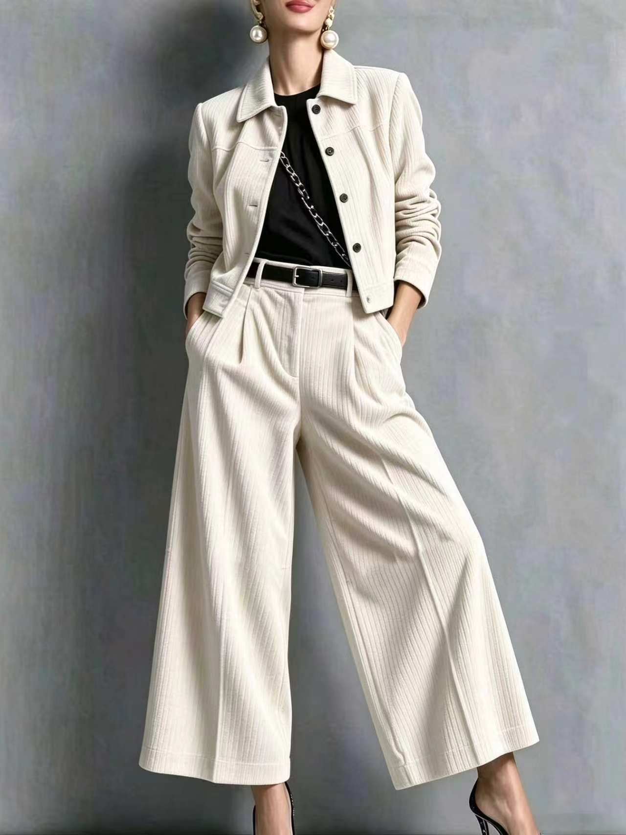 QUEENWAY | 2026 New Style Collared Slim-Fit Long-Sleeved Short Jacket + High-Waisted Wide-Leg Pants Set
