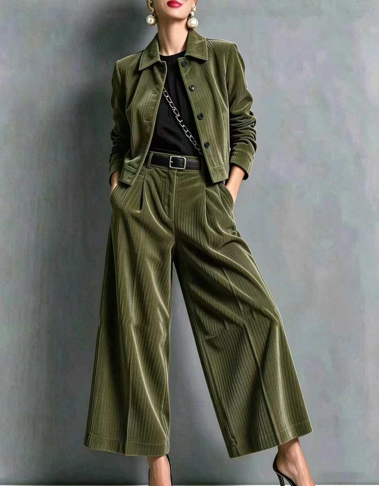 QUEENWAY | 2026 New Style Collared Slim-Fit Long-Sleeved Short Jacket + High-Waisted Wide-Leg Pants Set