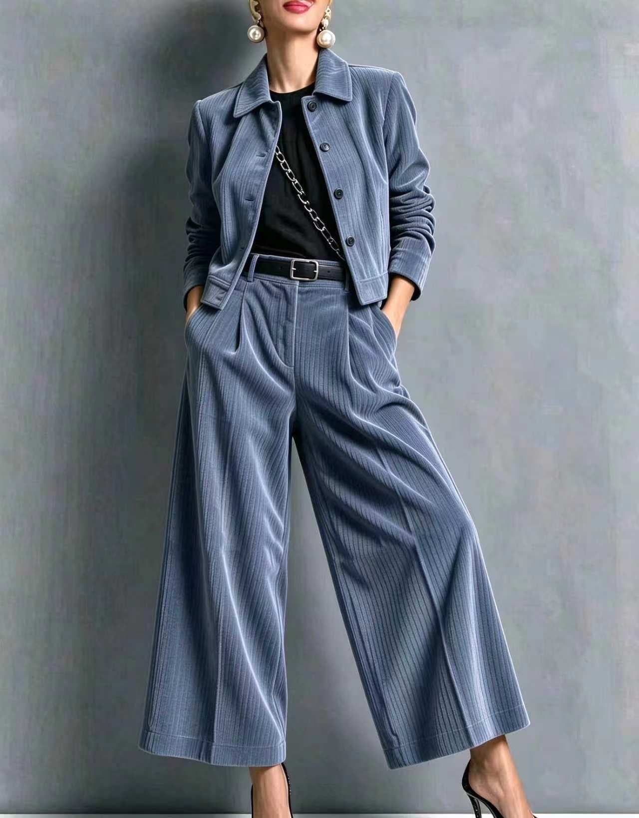 QUEENWAY | 2026 New Style Collared Slim-Fit Long-Sleeved Short Jacket + High-Waisted Wide-Leg Pants Set