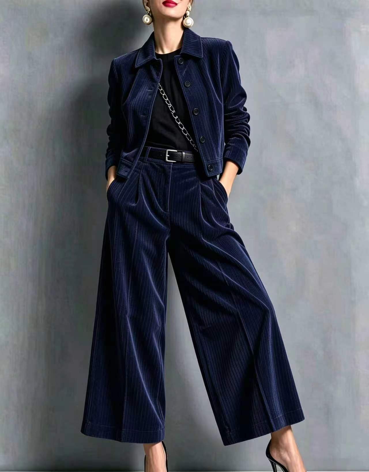 QUEENWAY | 2026 New Style Collared Slim-Fit Long-Sleeved Short Jacket + High-Waisted Wide-Leg Pants Set
