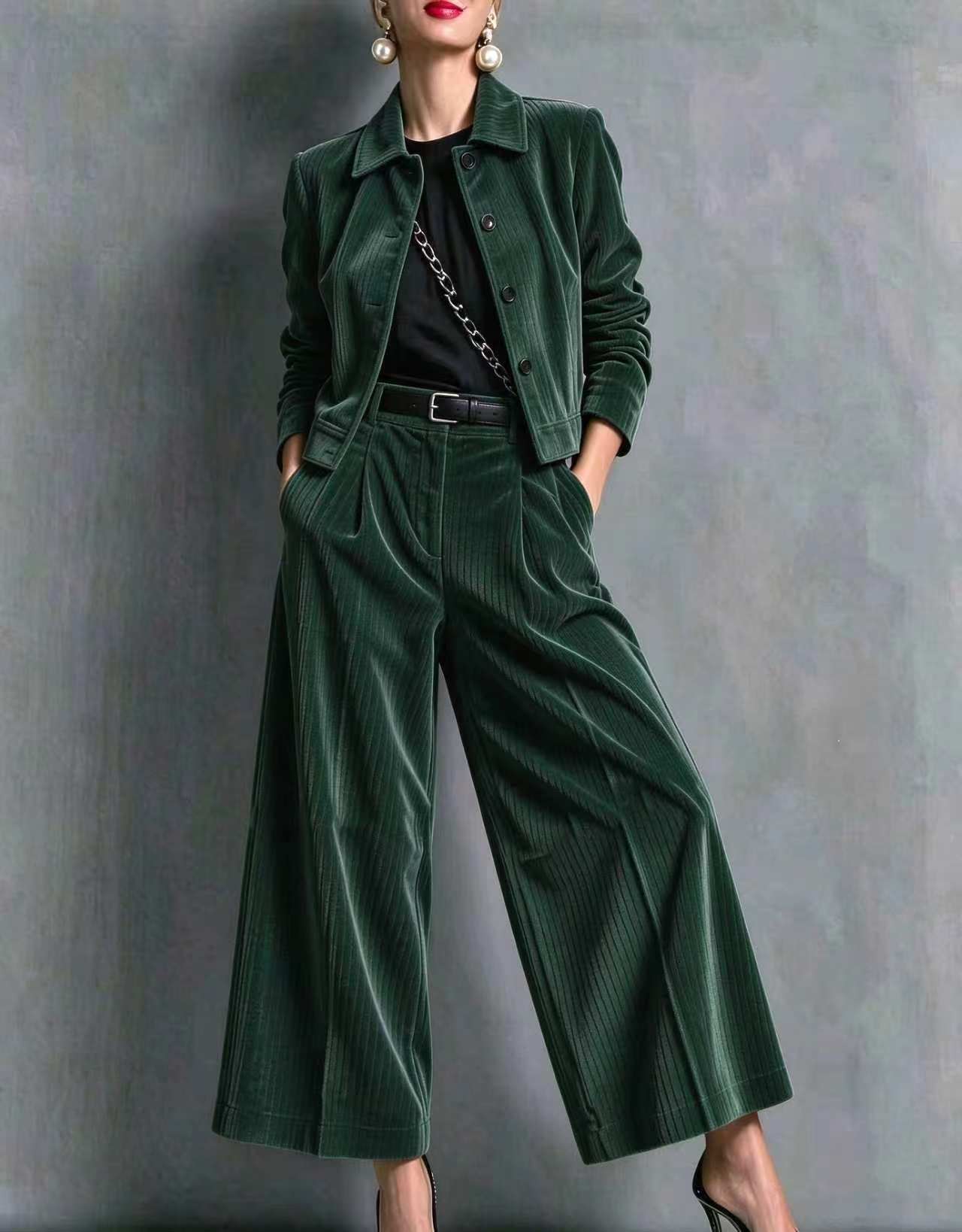 QUEENWAY | 2026 New Style Collared Slim-Fit Long-Sleeved Short Jacket + High-Waisted Wide-Leg Pants Set